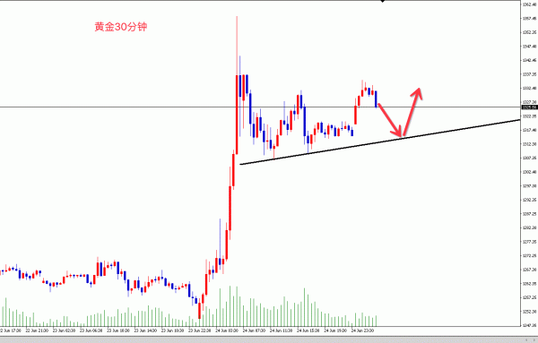 黄金，回落的支撑区域还是低中在1320的附近，由于前期消息的影响波动幅度较大，从目前的图中不难发现，需要等待回落之后再去操作，亚盘的上涨我并不计划去追多，而是以图中趋势线支撑的位置再去入场，跳空高开的行情肯定不能考虑空，只是多的位置要以支撑点，而不在亚盘做回落的多，主要还是考虑欧盘的强弱，日内震荡修正的可能性比较大，黄金在1335-40的区域回落的风险非常的大，这是小时K线顶端的点，所以早上别去追。