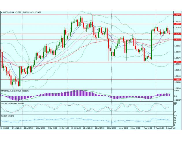 四小时图上来看，MACD阳柱已开始缩短，英镑兑美元跌破20周期1标准差上轨；短线来看，汇价上行动能减弱，若跌破1.3146，或下测1.3116(布林带中轨)以及1.2995(8月4日低点)；上方阻力位于1.32关口、1.3251(7月27日高点)以及1.33关口。